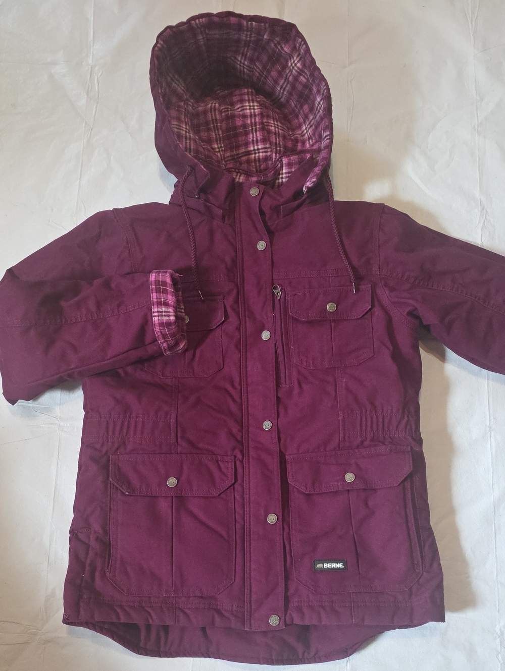 Berne Women's Softstone Duck Barn Coat Canvas Quilted Plaid Lining Plum M